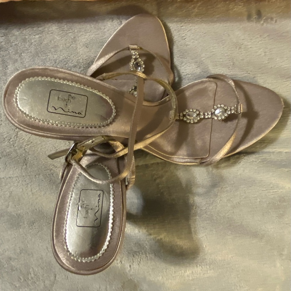 Champagne colored satin fabric heels